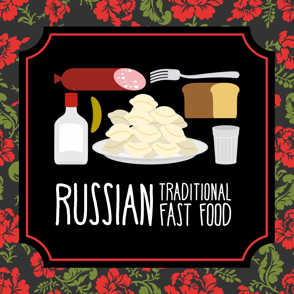 Russian traditional fast food. Vodka and sausage. Russian Folk floral ornament.