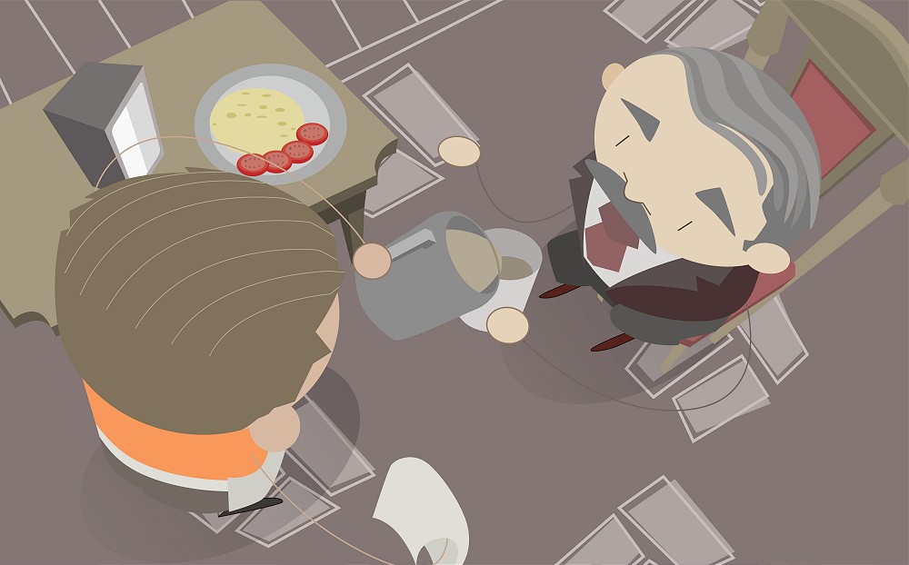 High angle view of a waiter serving food to a man
