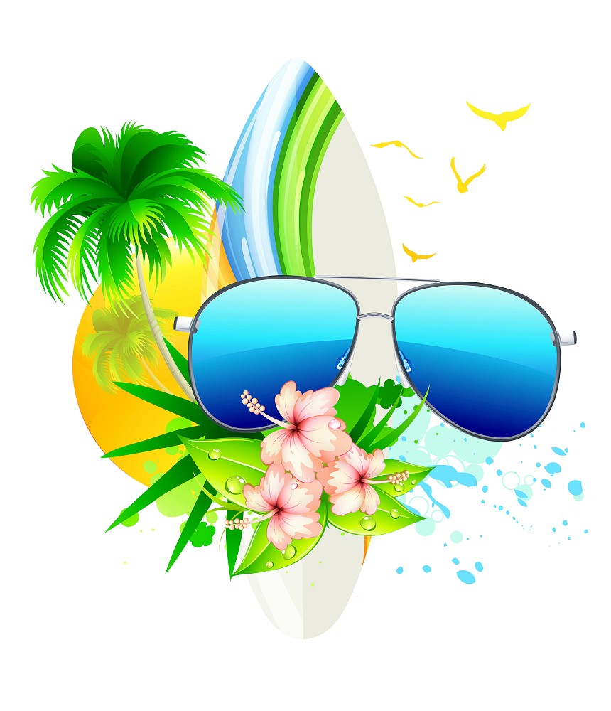 Vector illustration of funky summer  background with palm trees, hibiscus flowers, surfboard and funky sunglasses