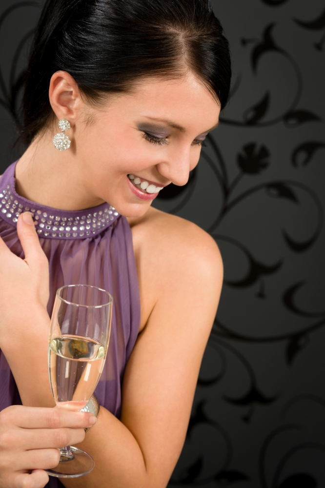 Woman party dress drink champagne glass glamorous look aside