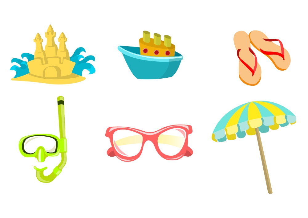 Vector illustration of summer icons. Includes sand castel, boat, flip-flop, snorkel, sunglasses and umbrella.