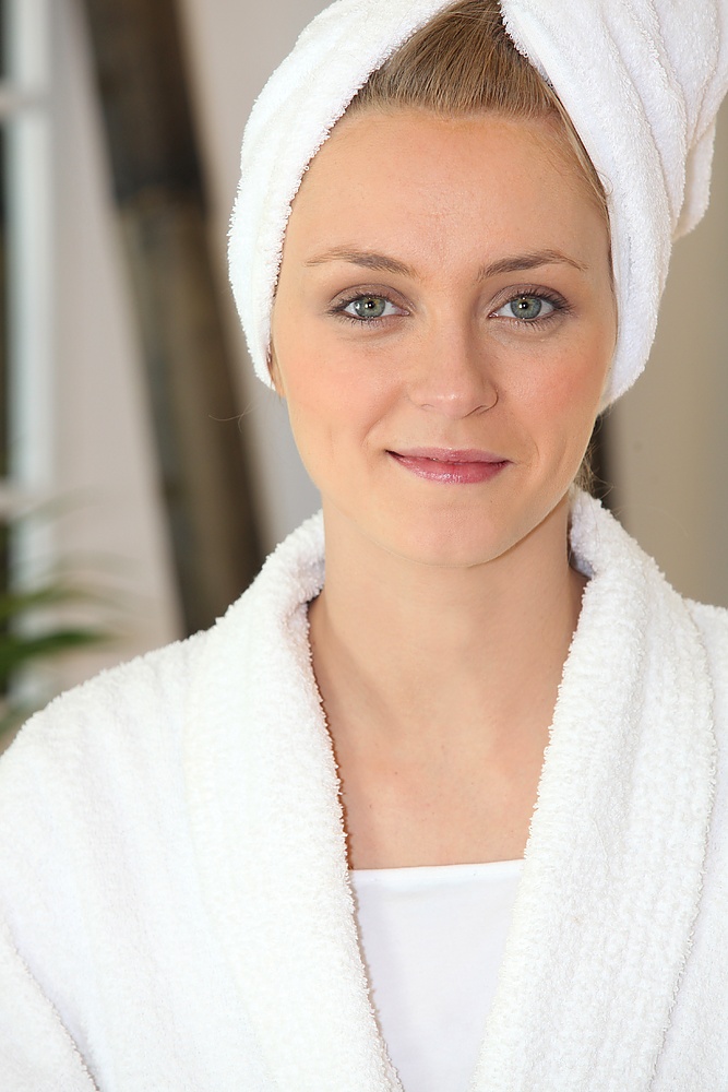 Woman wearing towel on head
