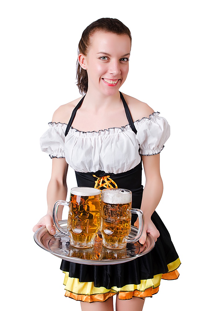 Young waitress with beer on white