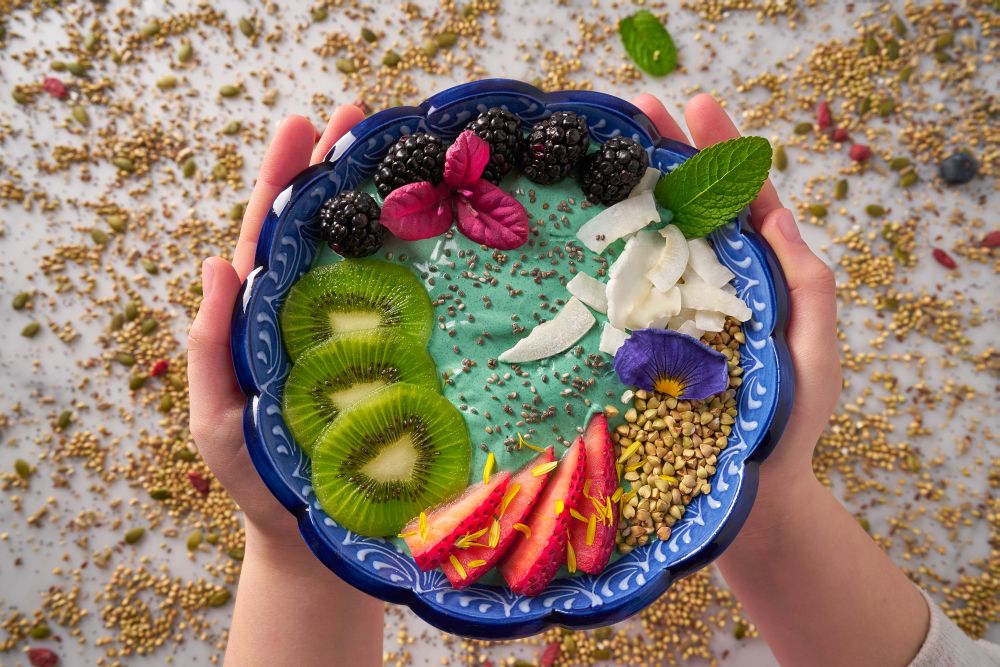Acai bowl smoothie with kiwi blackberry strawberry and chia seeds
