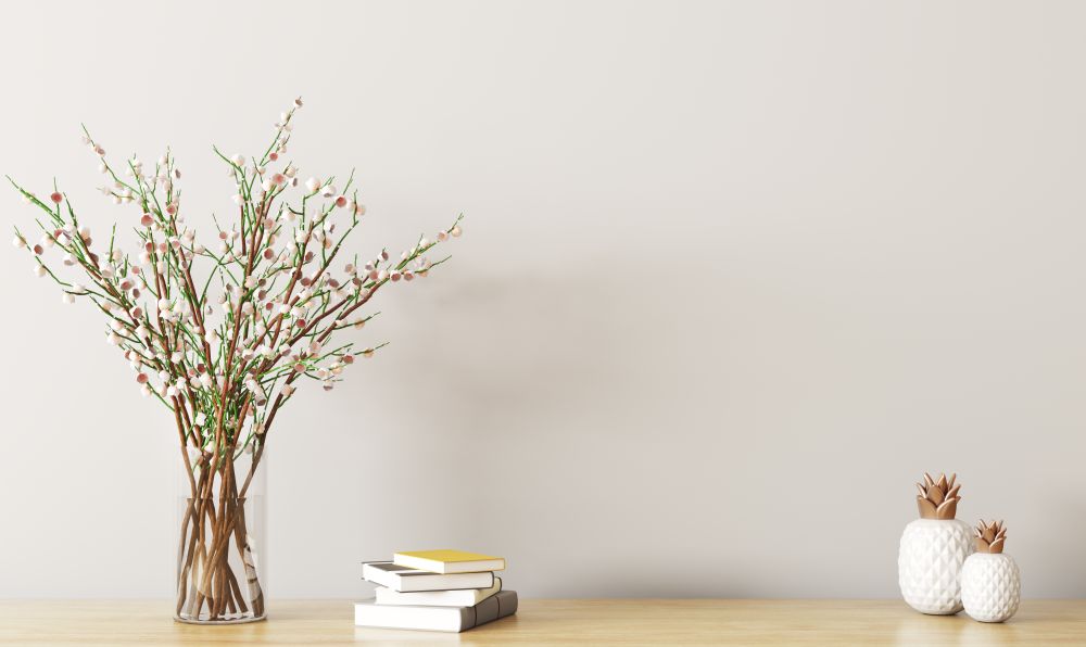 Wall decoration, wooden shelf with flower branches in vase, spring interior background 3d rendering