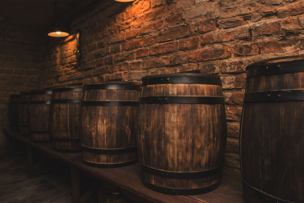 barrels in the wine cellar. Homemade barrels in the wine cellar