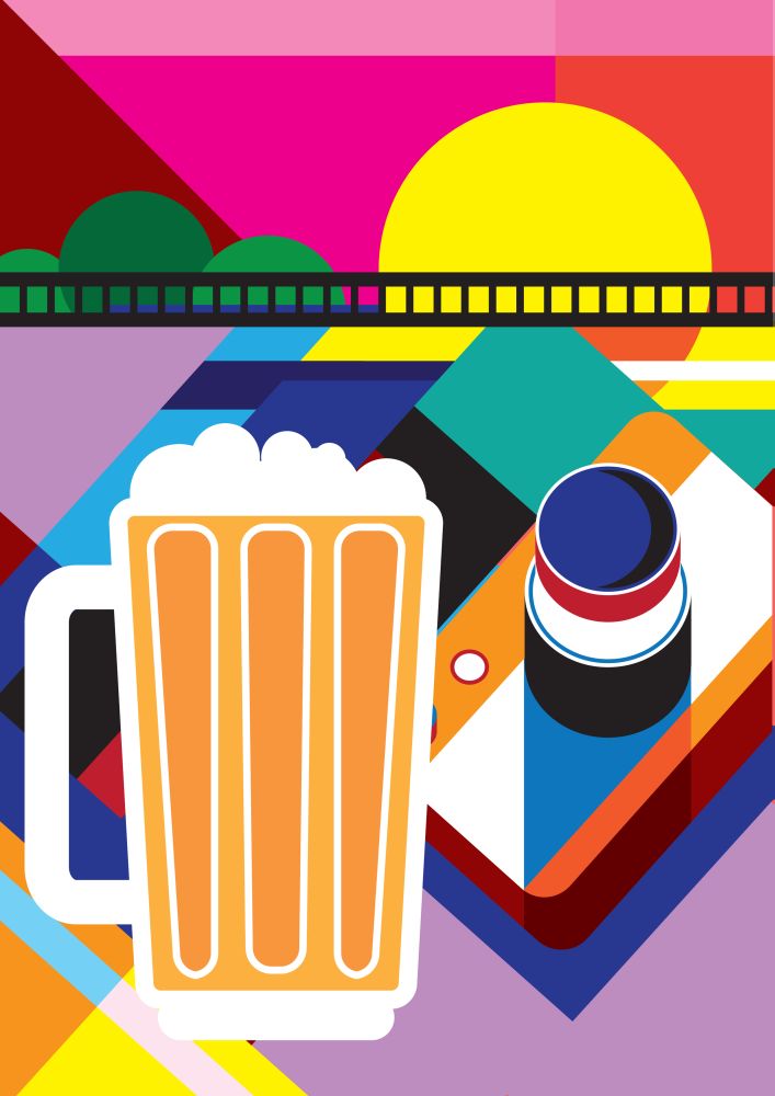 Taking pictures.. Creative conceptual still life vector. Camera and beer.