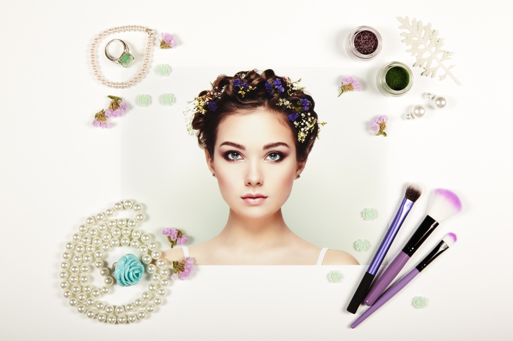 Fashion lady accessories collage. Falt Lay. Beauty photography. Make-Up brushes. Jewelry and lipstick. Fashion portrait of young beautiful woman with elegant hairstyle