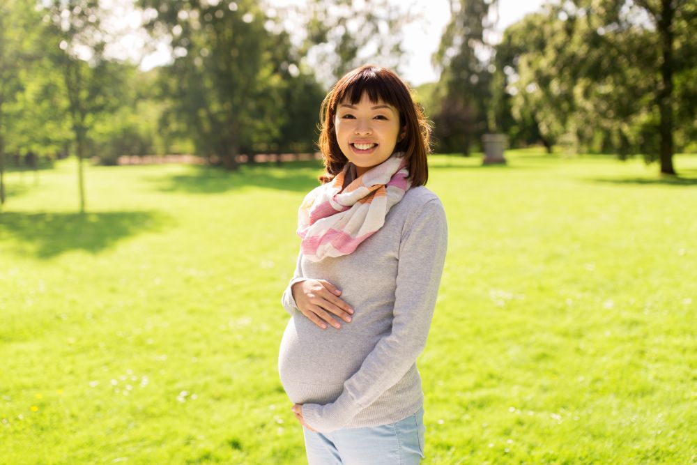 pregnancy, people and motherhood concept - happy pregnant asian woman at park. happy pregnant asian woman at park