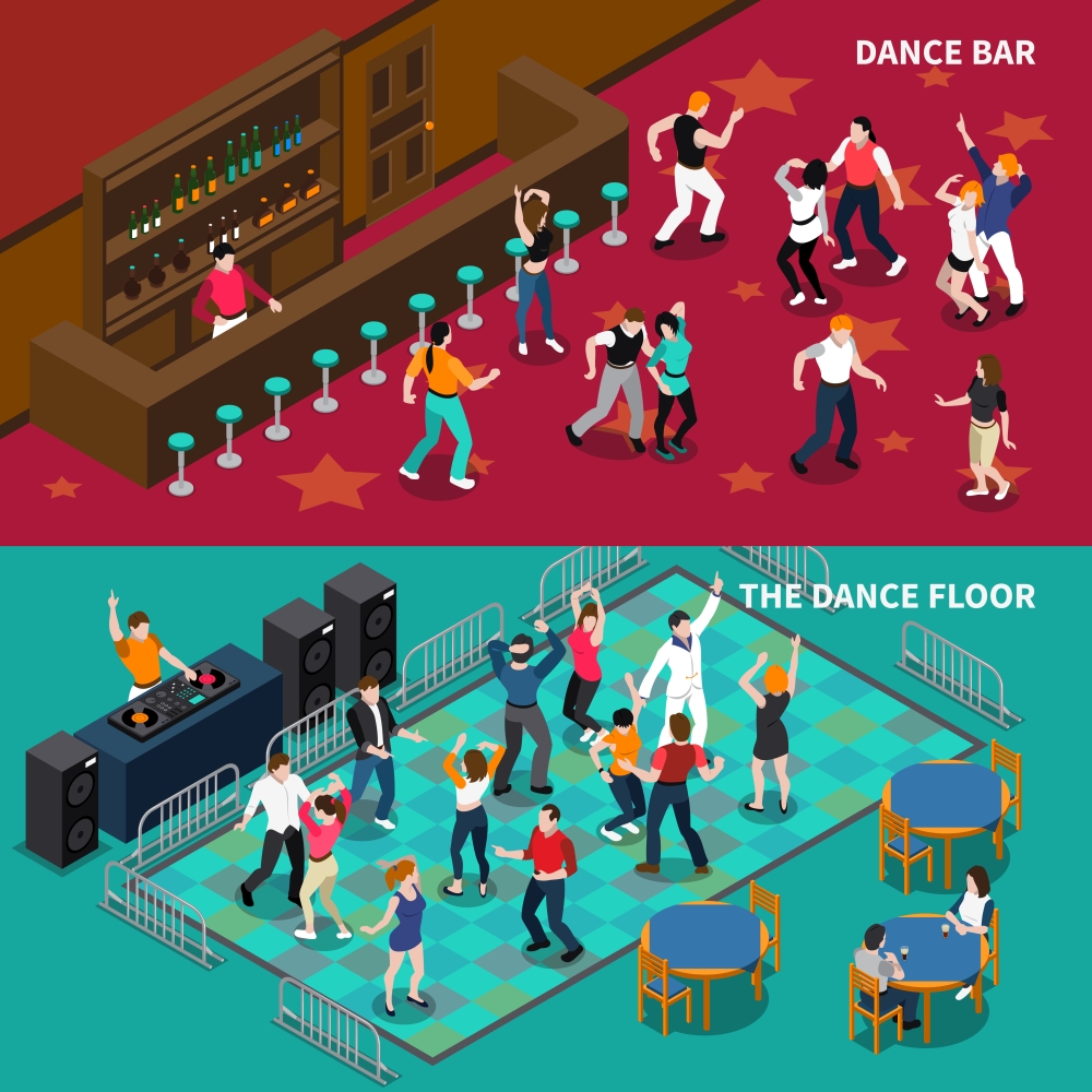 Bar Dance Floor 2 Isometric Banners . DJ bar pubs and cafe dance floor 2 horizontal isometric banners set with bartender isolated vector illustration