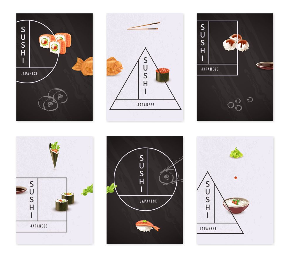 Japanese Sushi Banner Set. Realistic set of decorated with geometric ornament banners with japanese sushi and bowl of rice isolated on white background vector illustration