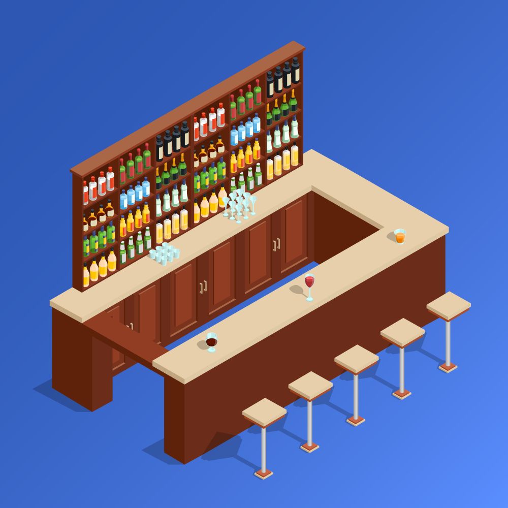 Bar Isometric Composition. Colored bar isometric composition with empty bar counter and stand with alcohol vector illustration