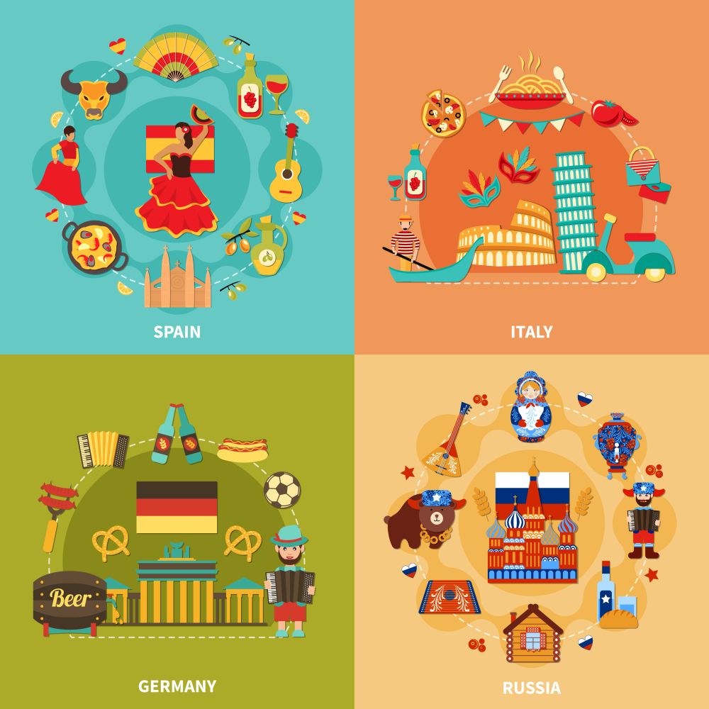 Eurotrip Travel Design Concept. Travel set of four square compositions with flat national characters and symbols of various european countries vector illustration