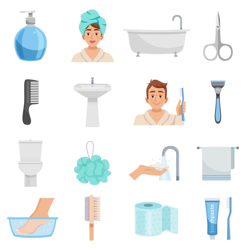 Hygiene Products Icon Set. Hygiene isolated elements set with sixteen icons of towels bast wisp combs scissors and various toiletry vector illustration