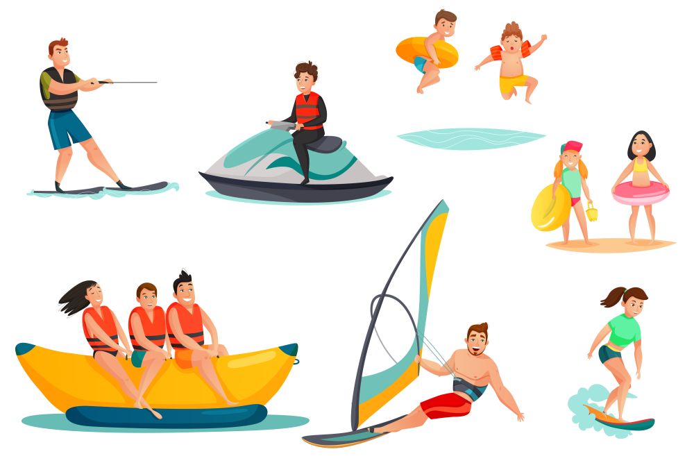 Summer Water Activities Set. Summer water activities set including persons on banana boat motorcycle kids with rubber rings isolated vector illustration