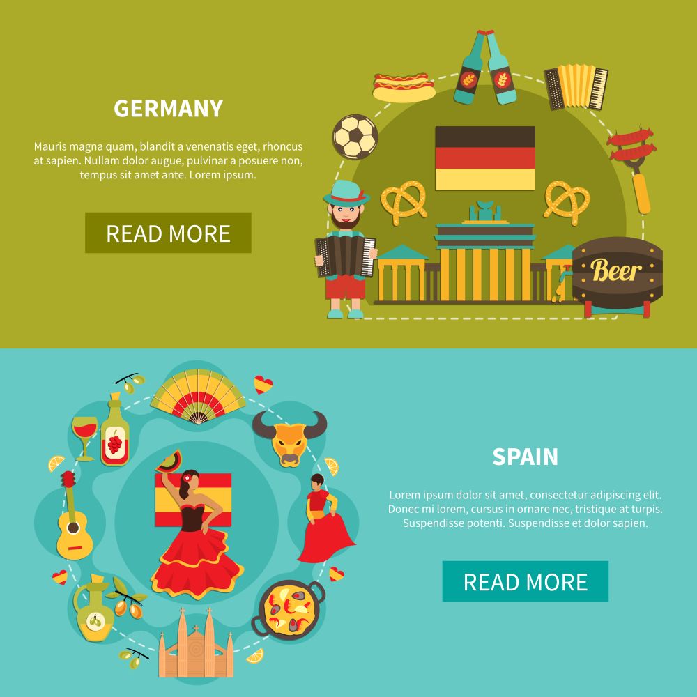 Germany Spain Banners Set. Set of two horizontal travel banners with flat image compositions of german and spanish national characters vector illustration