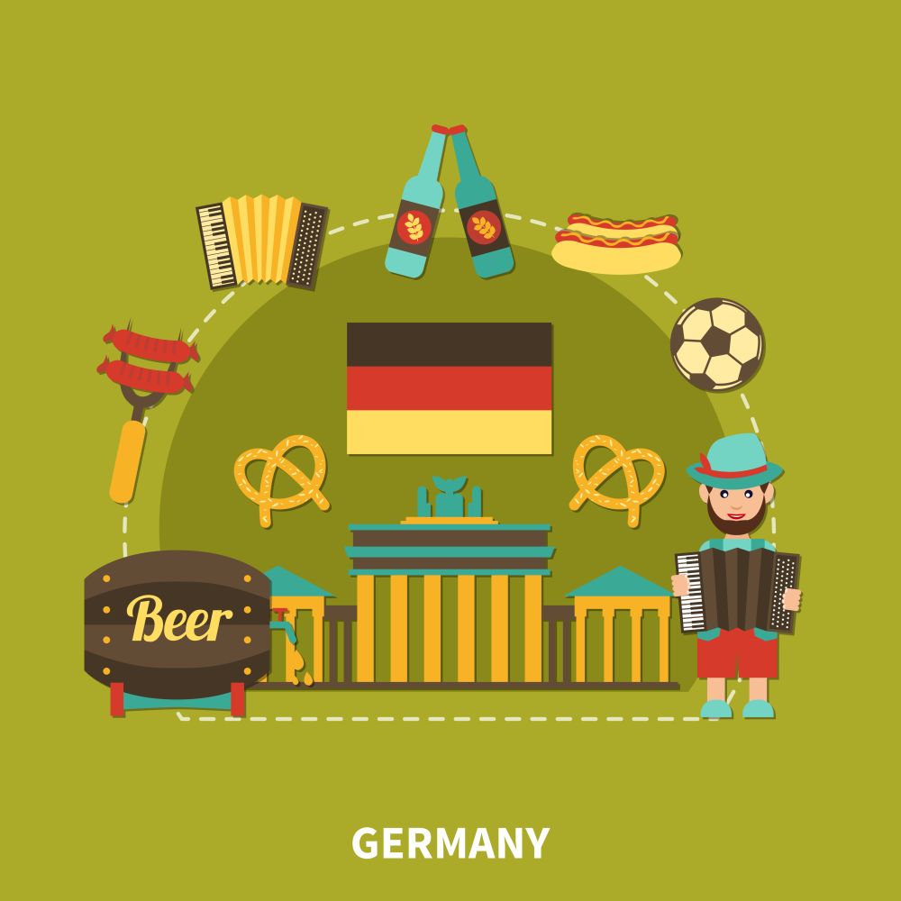 Germany Sightseeing Travel Composition. Travel composition with flat images of branderburg gate barrel of beer with traditional german food and drinks vector illustration