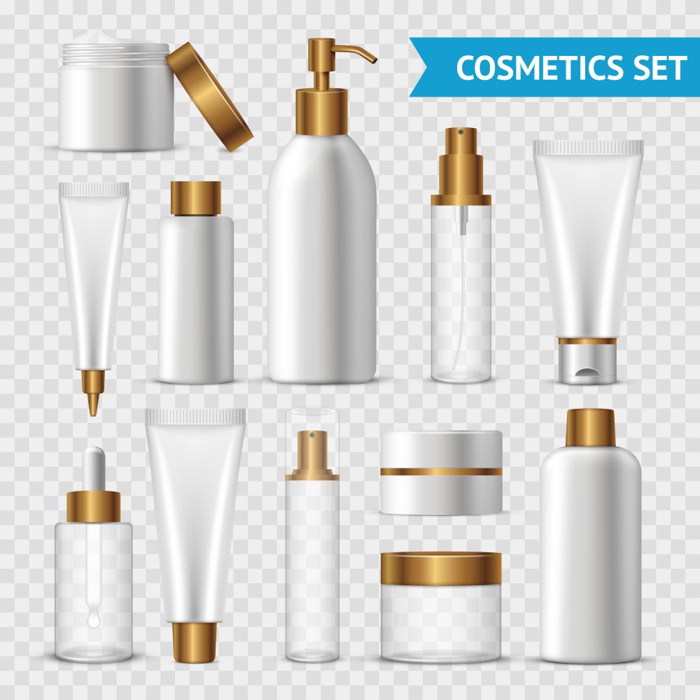 Transparent Cosmetics Icon Set. Realistic and isolated transparent cosmetics icon set with gold batchers on transparent background vector illustration