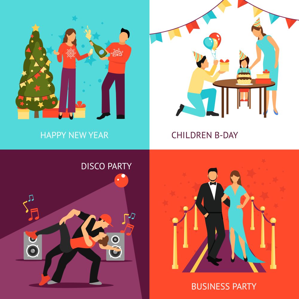 Party concept set. Party design concept set with new year and birthday celebration flat icons isolated vector illustration
