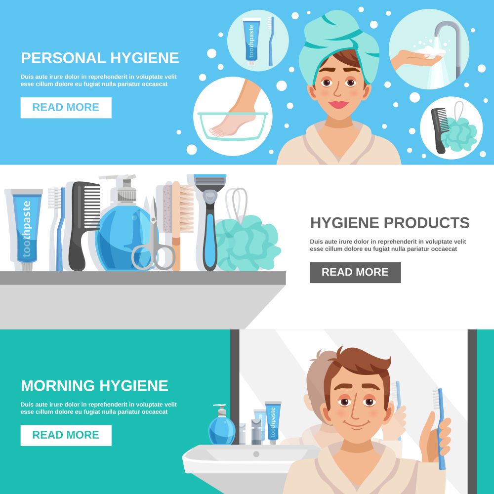 Morning Hygiene Banners Set. Personal hygiene products horizontal banners set with toiletry icons human character in bathrobe with text read more button vector illustration