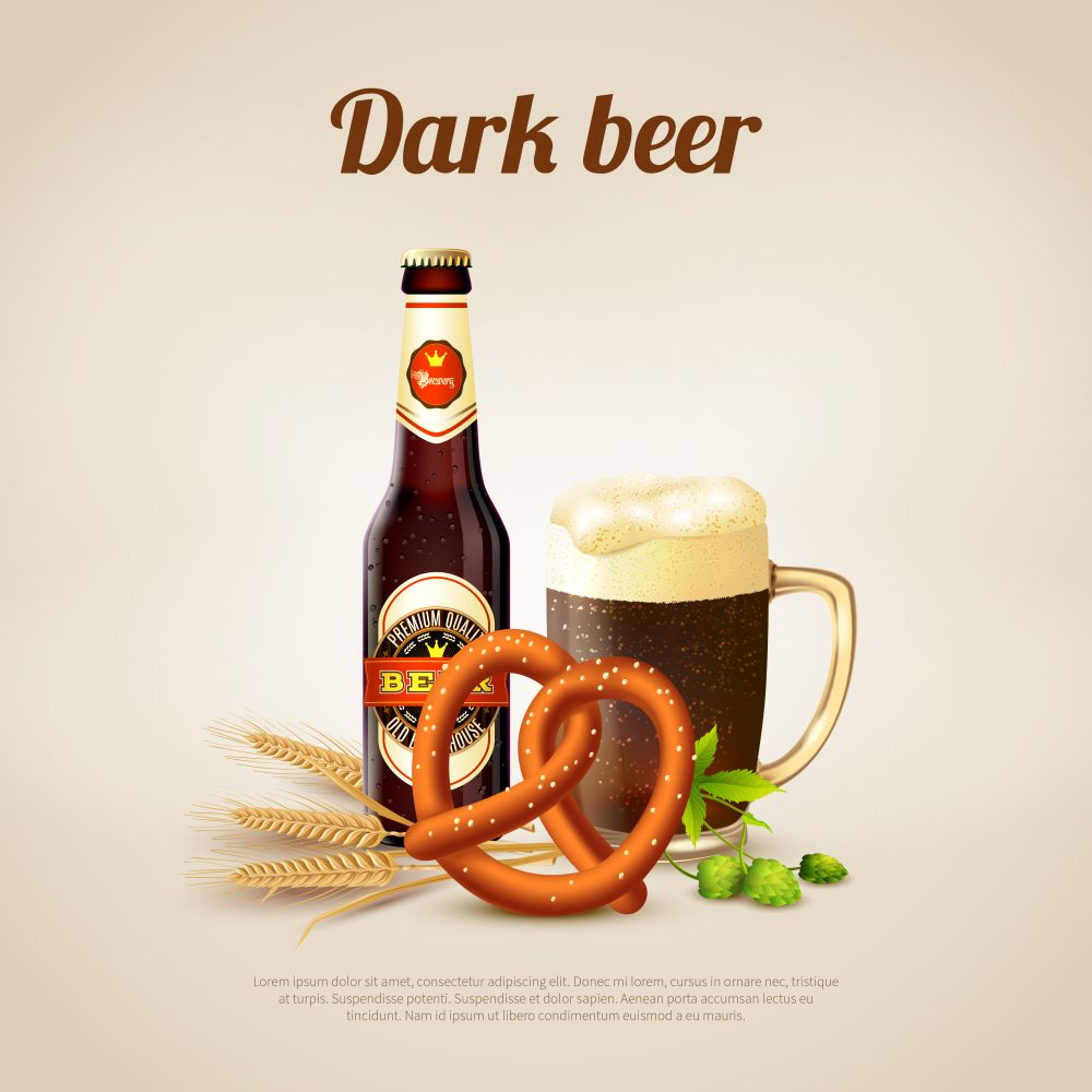 Dark Beer Background. Realistic background with bottle and mug full of dark beer vector illustration