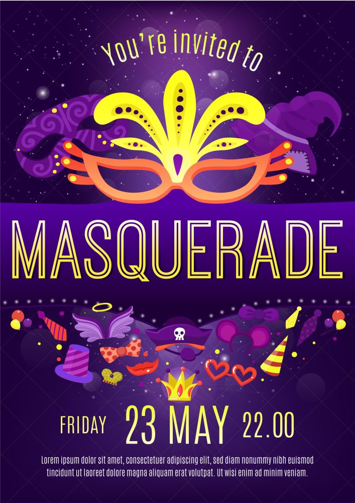 Masquerade Night Celebration Invitation Poster . Masquerade night celebration festivities dark purple background invitation poster with golden letters and face masks vector illustration