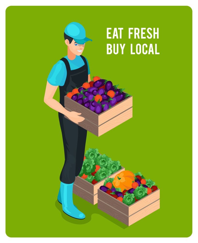 Cheerful Isometric Grocer . Cheerful isometric grocer with organic fresh eco healthy vegetables in wooden boxes isolated vector illustration