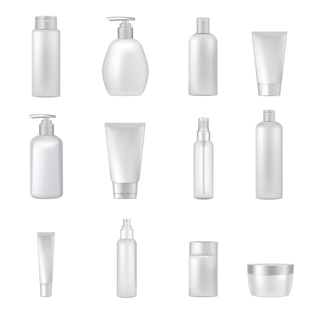 Cosmetics Bottles Tubes Empty Clear Set. Empty clear cosmetics bottles jars tubes sprays dispensers for beauty and health products realistic images collection vector illustration