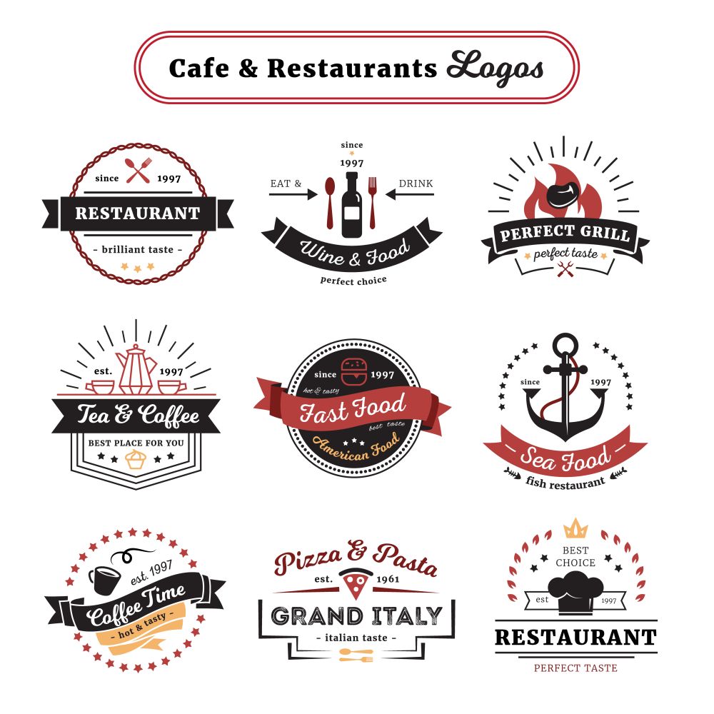 Cafe And Restaurant Logos Vintage Design . Cafe and restaurant logos vintage design with food and drinks cutlery and crockery isolated vector illustration