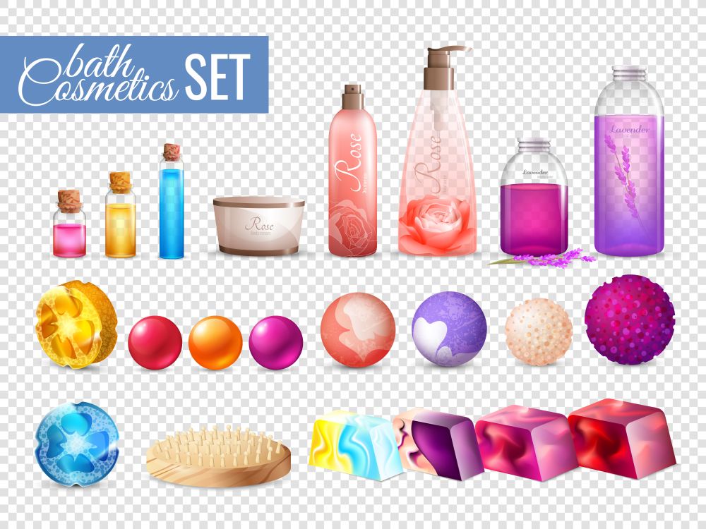 Bath Cosmetics Packaging Collection. Bath handmade cosmetics collection on transparent background with colorful squeeze bottles soap balls and shower pouf vector illustration