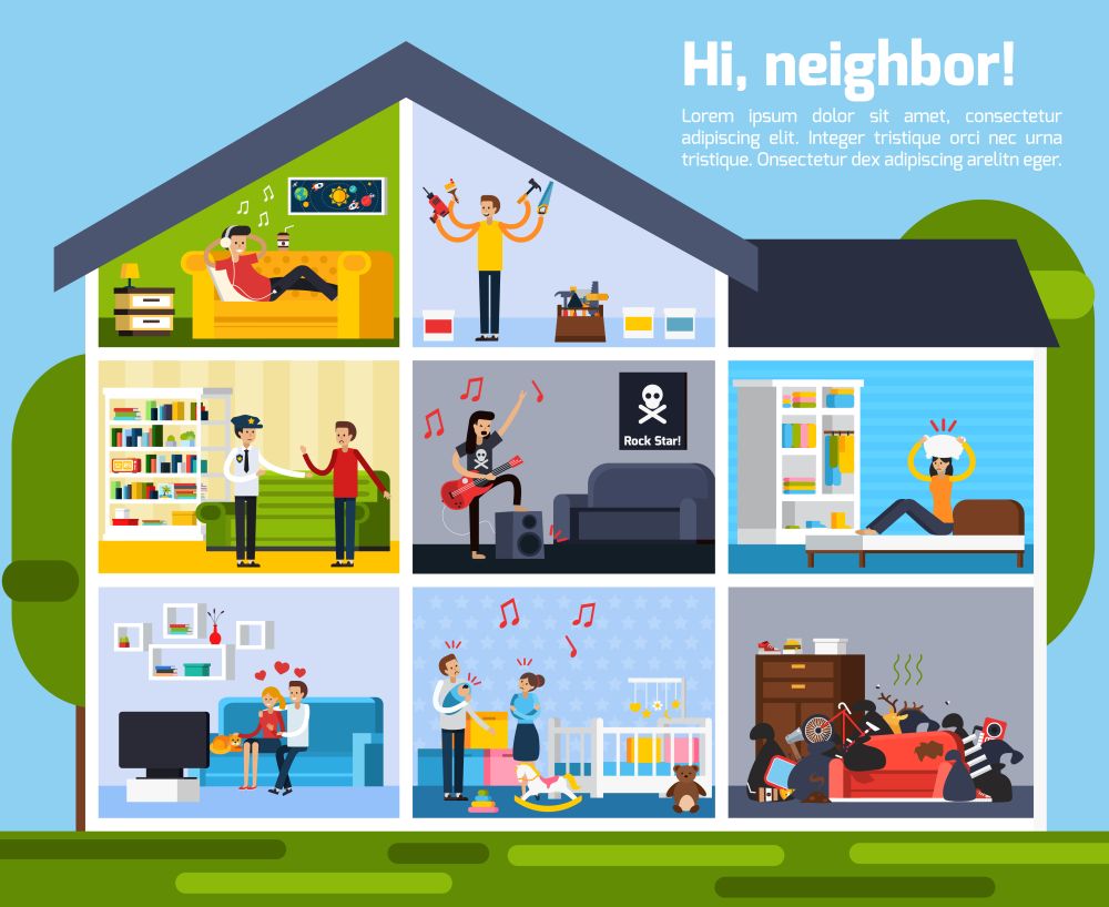 Neighbor Conflicts Composition . Neighbor conflicts composition with repairs music and children symbols flat vector illustration