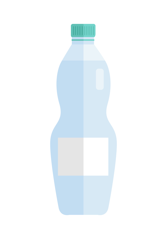 Glass or plastic bottle with beverage. Vector in flat style design. Sweet summer drinks concept. Illustration for icons, labels, prints, logo, menu design, infographics. Isolated on white background.. Glass or Plastic Bottle with Water  Beverage.