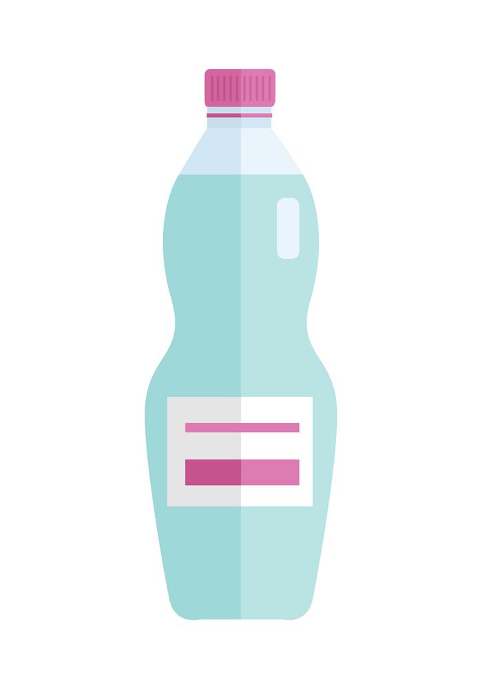 Glass or plastic bottle with beverage. Vector in flat style design. Sweet summer drinks concept. Illustration for icons, labels, prints, logo, menu design, infographics. Isolated on white background.. Glass or Plastic Bottle with Sweet Blue Beverage.