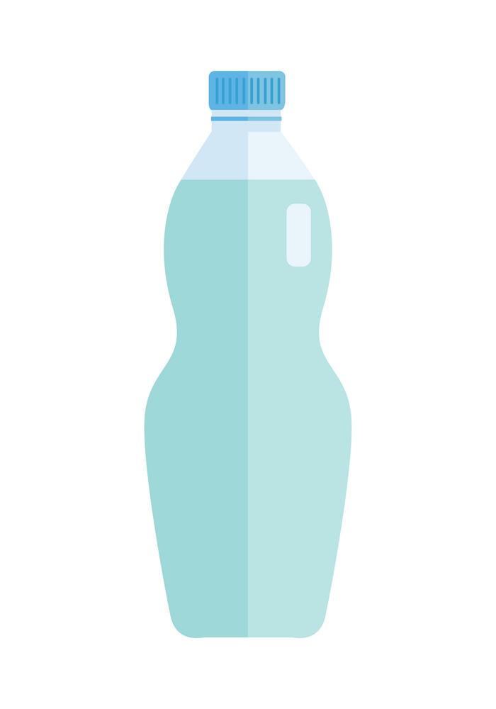 Glass or plastic bottle with beverage. Vector in flat style design. Sweet summer drinks concept. Illustration for icons, labels, prints, logo, menu design, infographics. Isolated on white background.. Glass or Plastic Bottle with Sweet Blue Beverage.