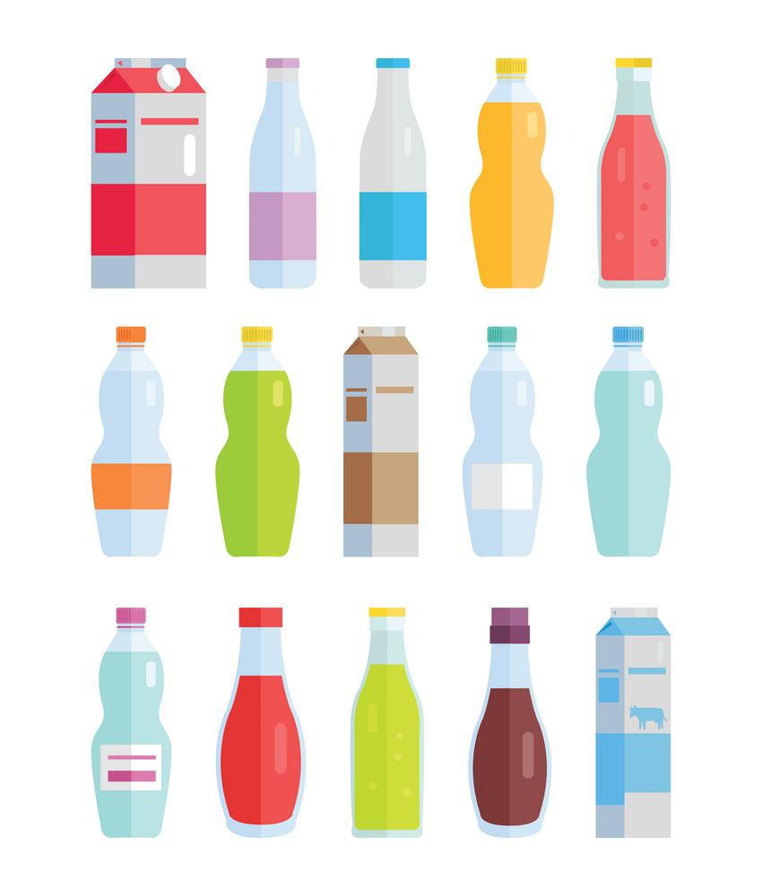 Set of bottles and paper packs with water, sweet drinks, milk, sausages. Flat design. Collection vector illustrations for app icons, labels, prints, web or logo design, infographics.     . Set of Variety Bottles and Packs with Beverages