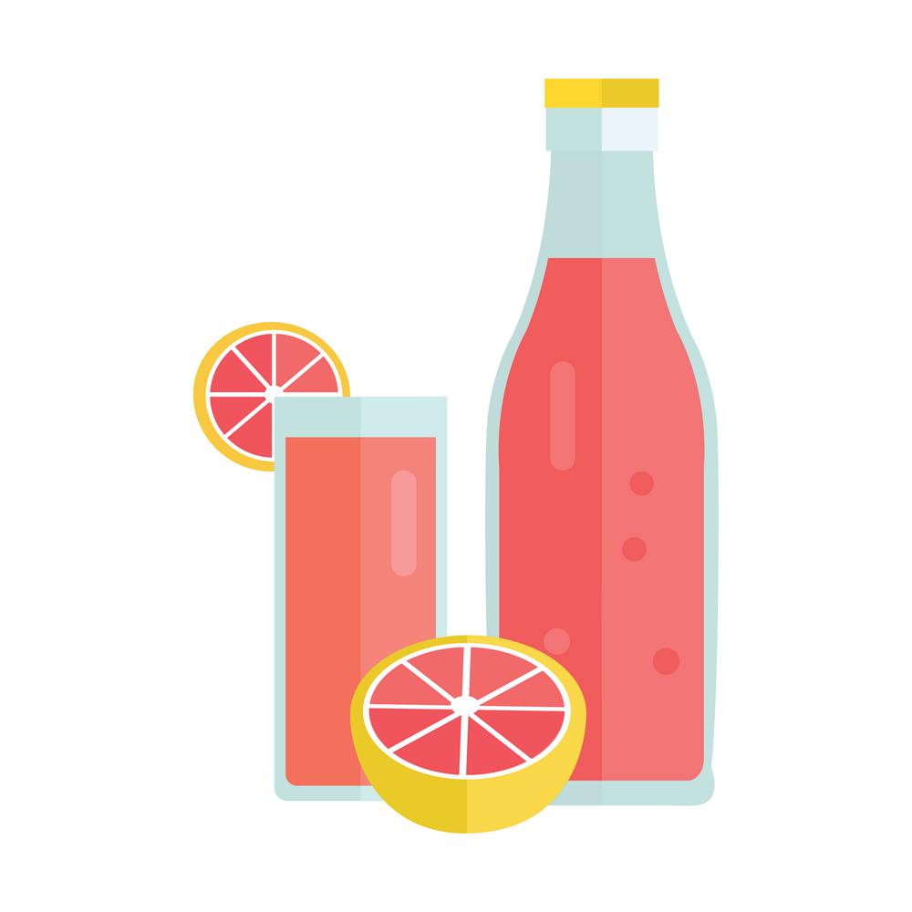 Bottle and glass with citrus beverage. Vector in flat style design. Sweet summer drink concept. Illustration for icons, labels, prints, logo, menu design, infographics. Isolated on white background.. Cold Summer Drink Concept Vector Illustration.