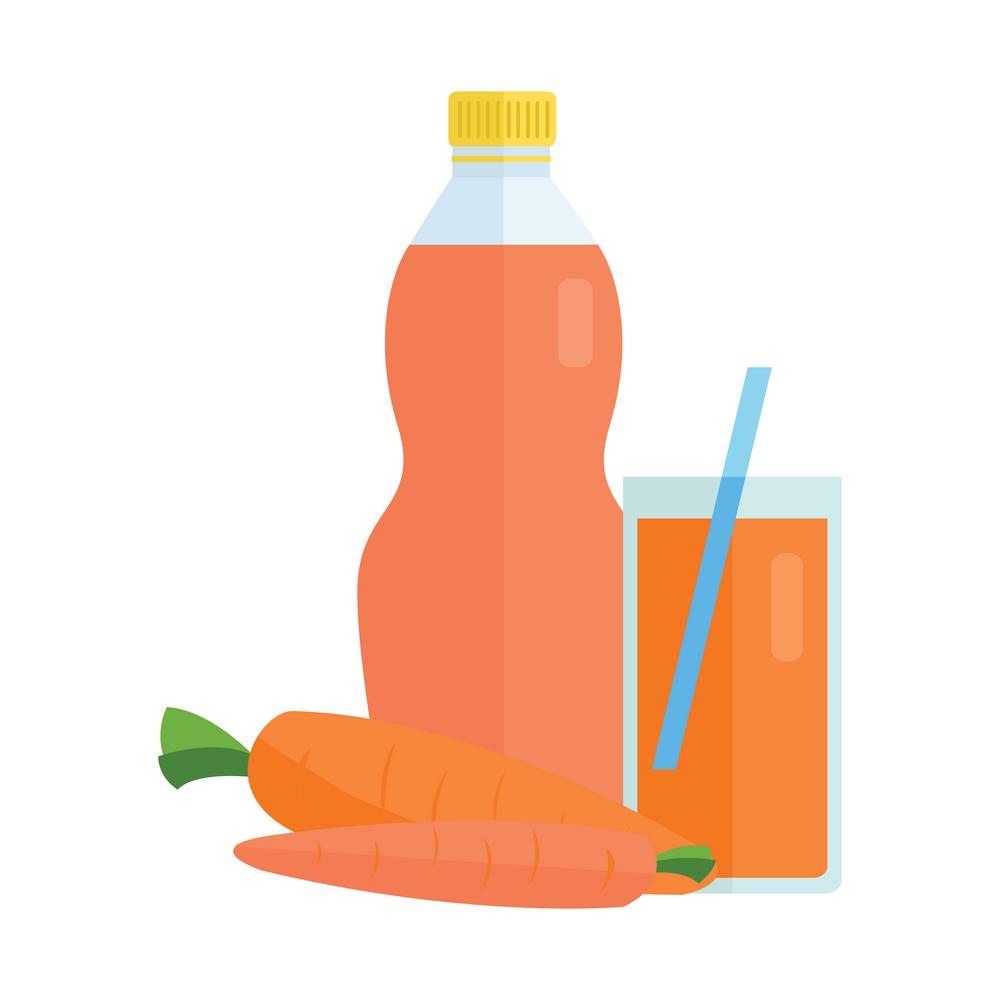 Bottle and glass with carrot beverage. Vector in flat design. Sweet summer drink, fresh juice concept. Illustration for icons, labels, prints, logo, menu design, infographics. Isolated on white. . Carrot Juice Concept Vector Illustration.