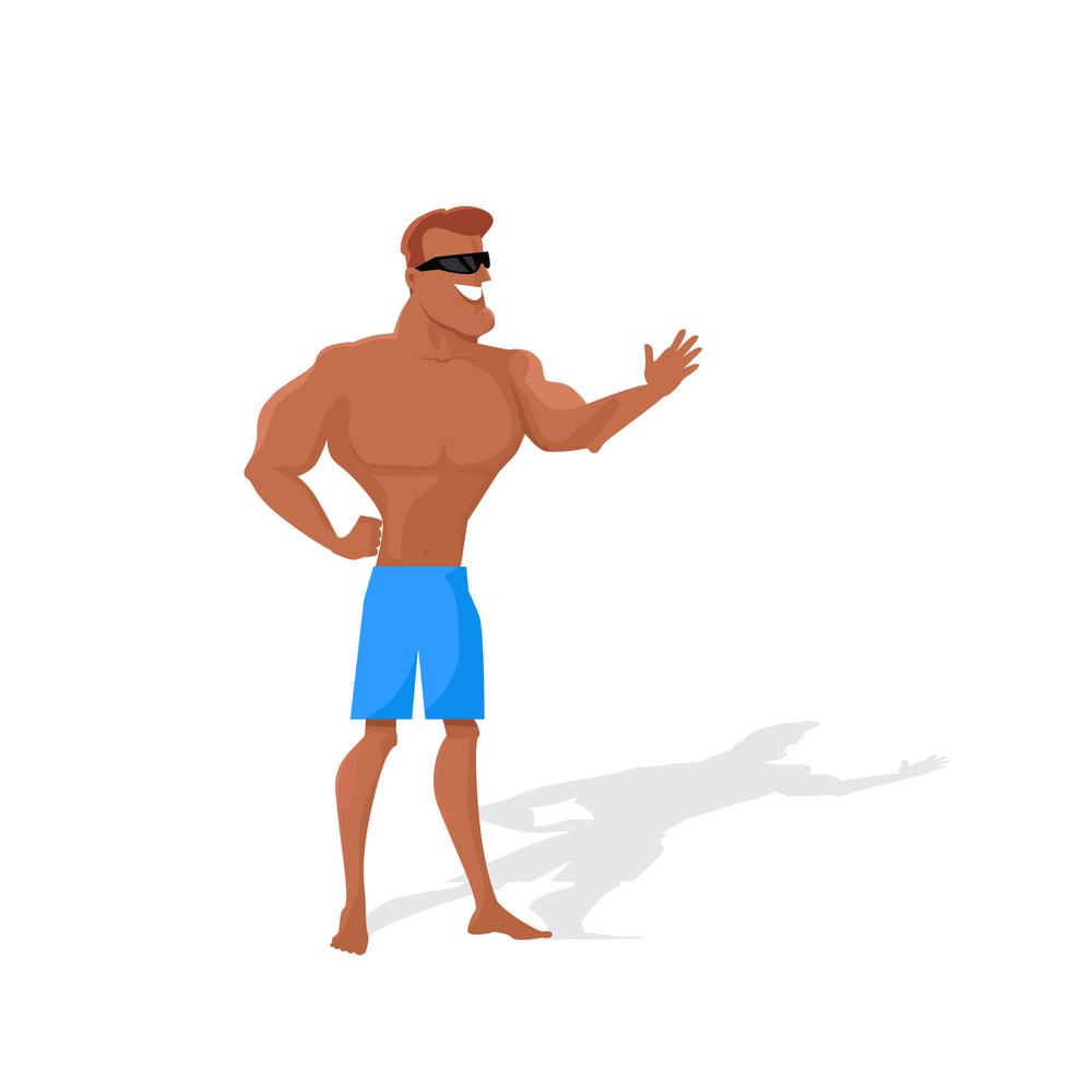 Muscular Man Character Vector in Flat Design.. Muscular man character vector. Flat style design. Summer vacation. Physical exercise outdoors. Smiling man in good physical shape dressed in shorts and sunglasses standing on white background.
