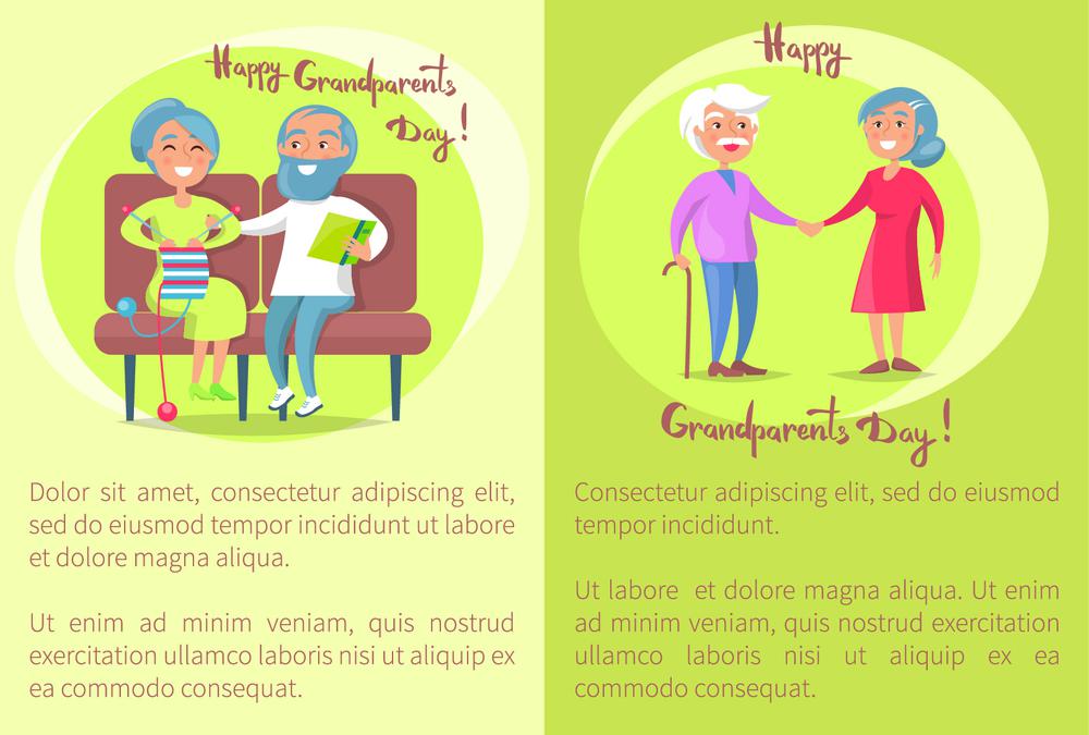 Happy Grandparents Day Senior Couple Walk Together. Happy grandparents day poster with senior lady and gentleman with stick walk together holding hands and sitting on chairs vector illustrations set