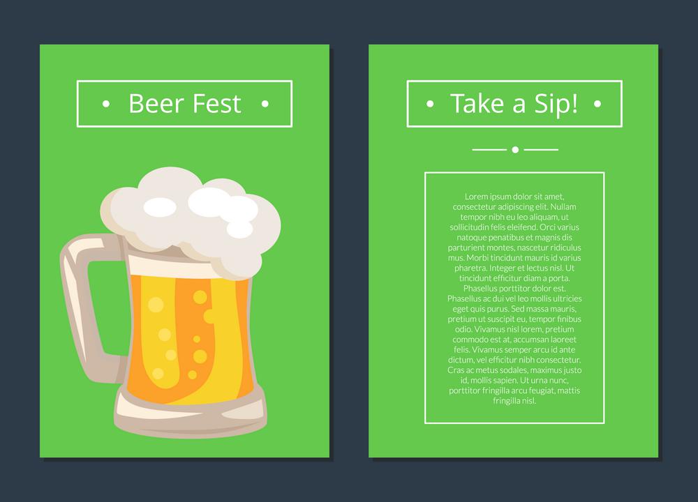 Beer Fest Collection of Posters with Full Mug. Beer fest collection of posters with icon of full foamy mug. Isolated vector illustration of freshly brewed alcoholic drink on green background