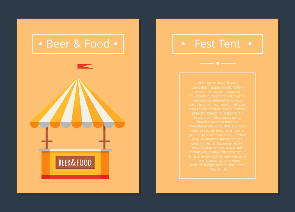 Fest Tent with Beer and Food Collection of Posters. Fest tent with beer and food collection of posters with text. Isolated vector illustration of festival booth with striped top on orange background