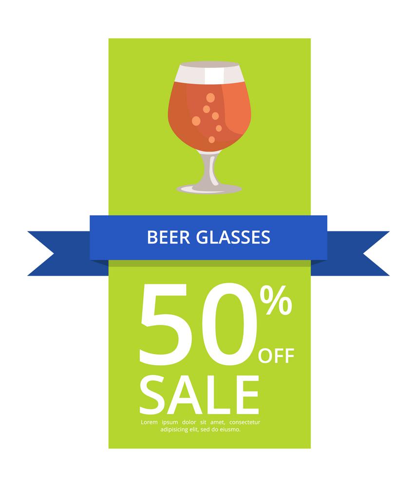Beer Glasses 50 Off Sale Vector Illustration. Beer glasses 50 off sale, including icon of pint of stout with bubbles and text sample vector illustration isolated on white background.