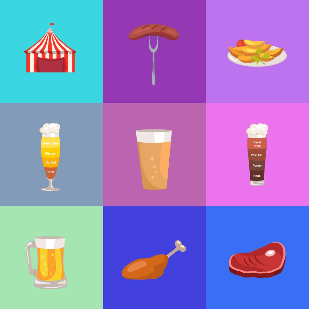 Set of Images Oktoberfest Vector Illustration. Set of images concerning oktoberfest vector illustration including a red tent, sausage on fork, glass of bright and dark beer, meat and ham.