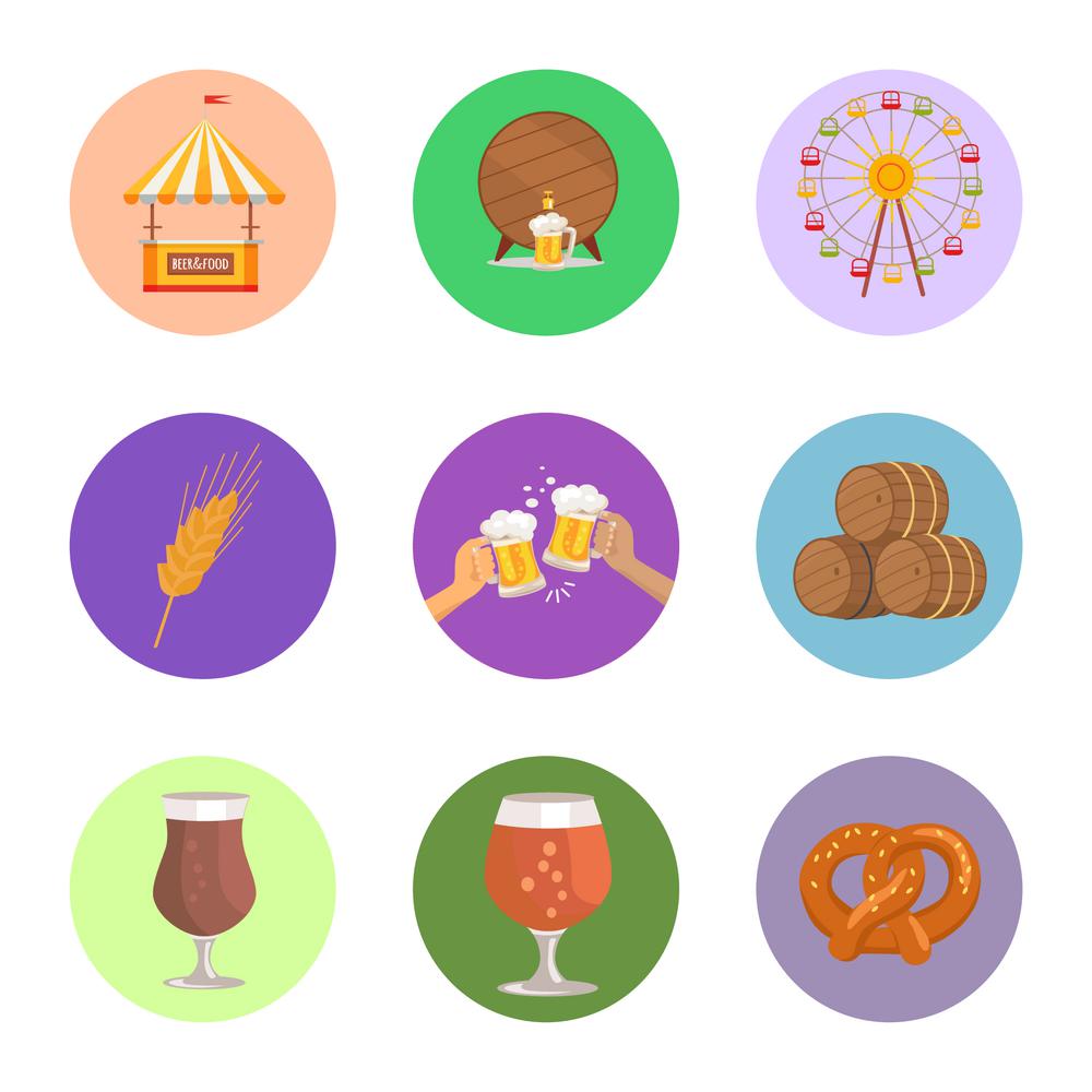 Circled Images Food and Beer Vector Illustration. Circled images of food and beer vector illustration on different backgrounds, representing wooden barrels, attractions, food tent, glasses of alcoholic drinks.