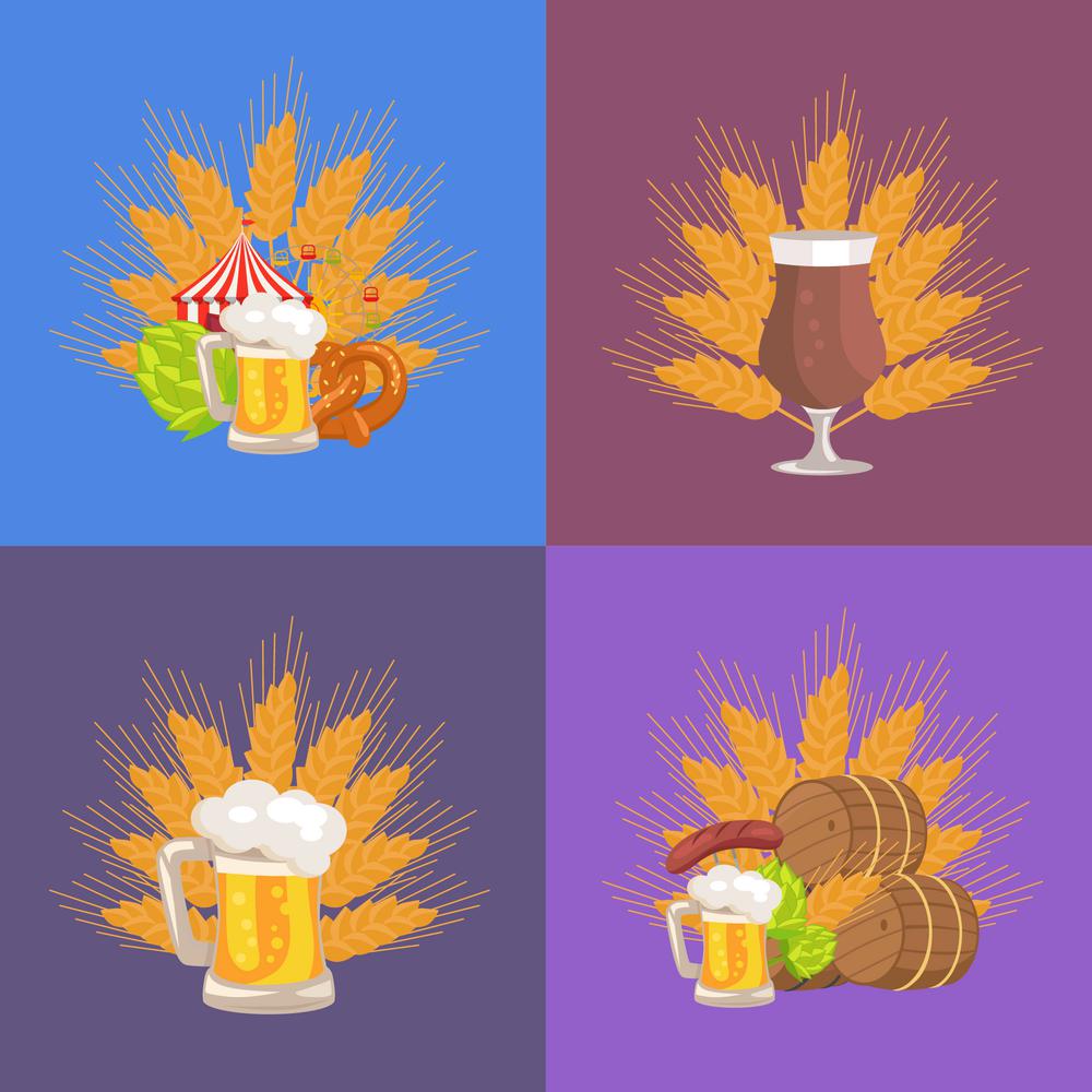 Four Sets of Beer Presentation Vector Illustration. Four sets of beer presentation vector illustration on blue, purple and dark-pink including glass of beer, ear of wheat, hop, barrels and snacks.