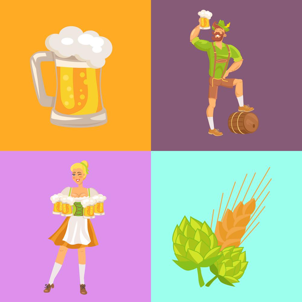 Beer and Symbols Oktoberfest Vector Illustration. Beer and symbols of oktoberfest vector illustration depicting waitress and man in traditional german costumes holding drinks, hob and wheat