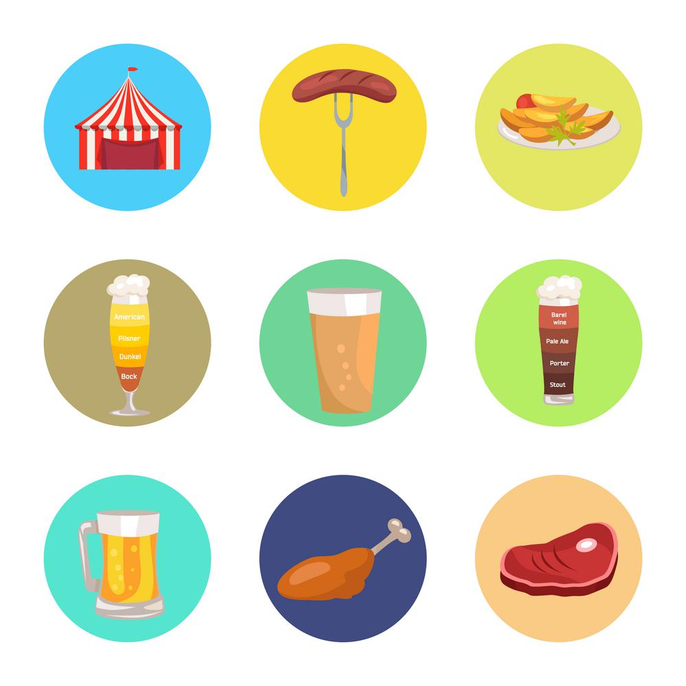 Nine Images of Octoberfest Vector Illustration. Nine images of octoberfest vector illustration including red marketing tent, sausage on folk, beer glasses and food represented by meat and snacks
