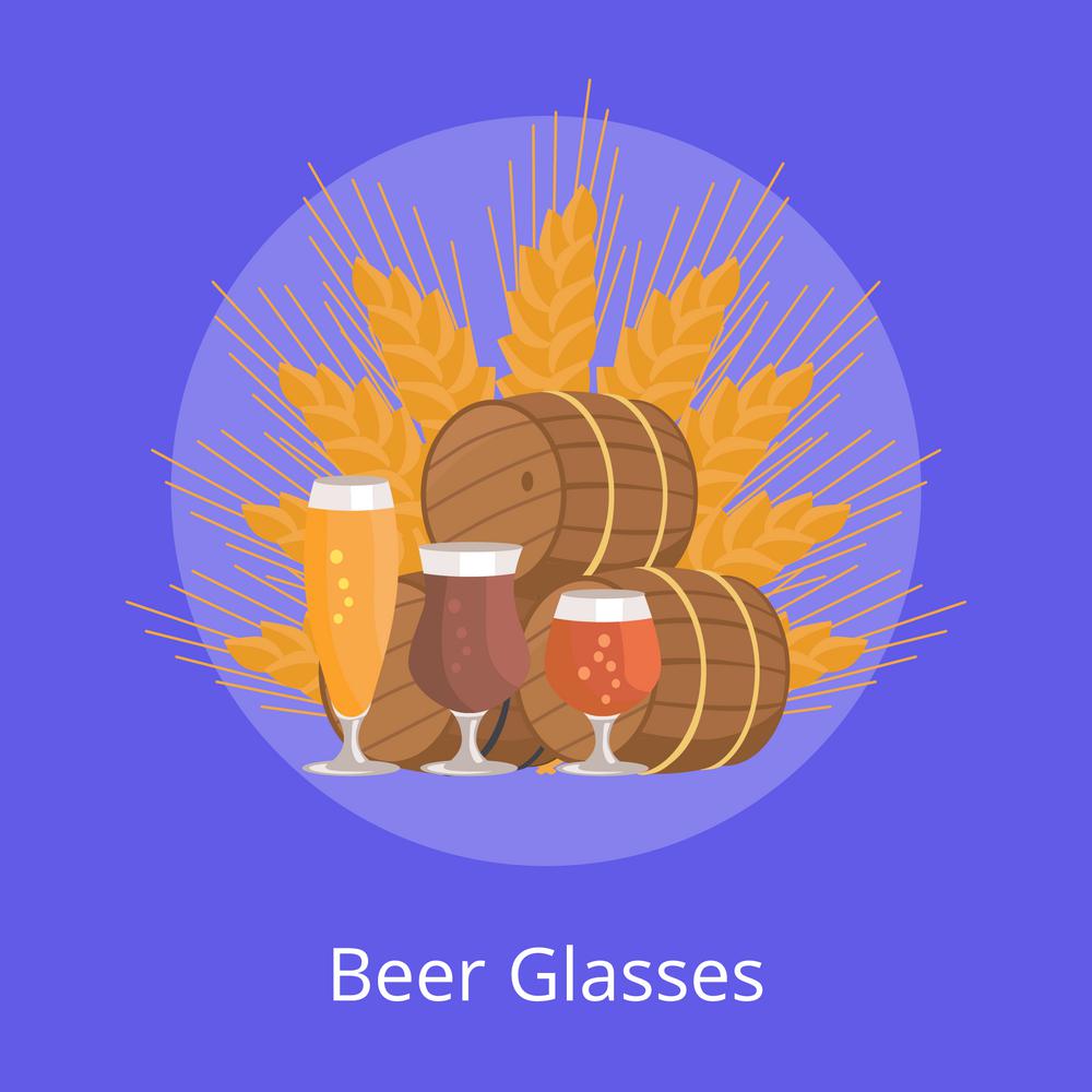 Beer Glasses Degustation Vector Illustration Blue. Beer glasses degustation vector illustration on blue background. Wooden barrels and three beers, draught pale and dark on ears of wheat in circle