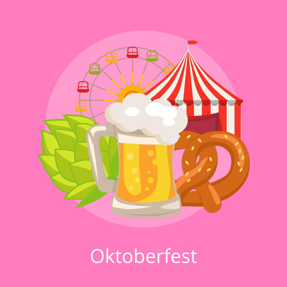 Oktoberfest Vector Illustration Food and Drinks. Oktoberfest vector illustration on pink demonstrating glass of beer, traditional bakery, attraction tents and beer symbol hop used in brewing