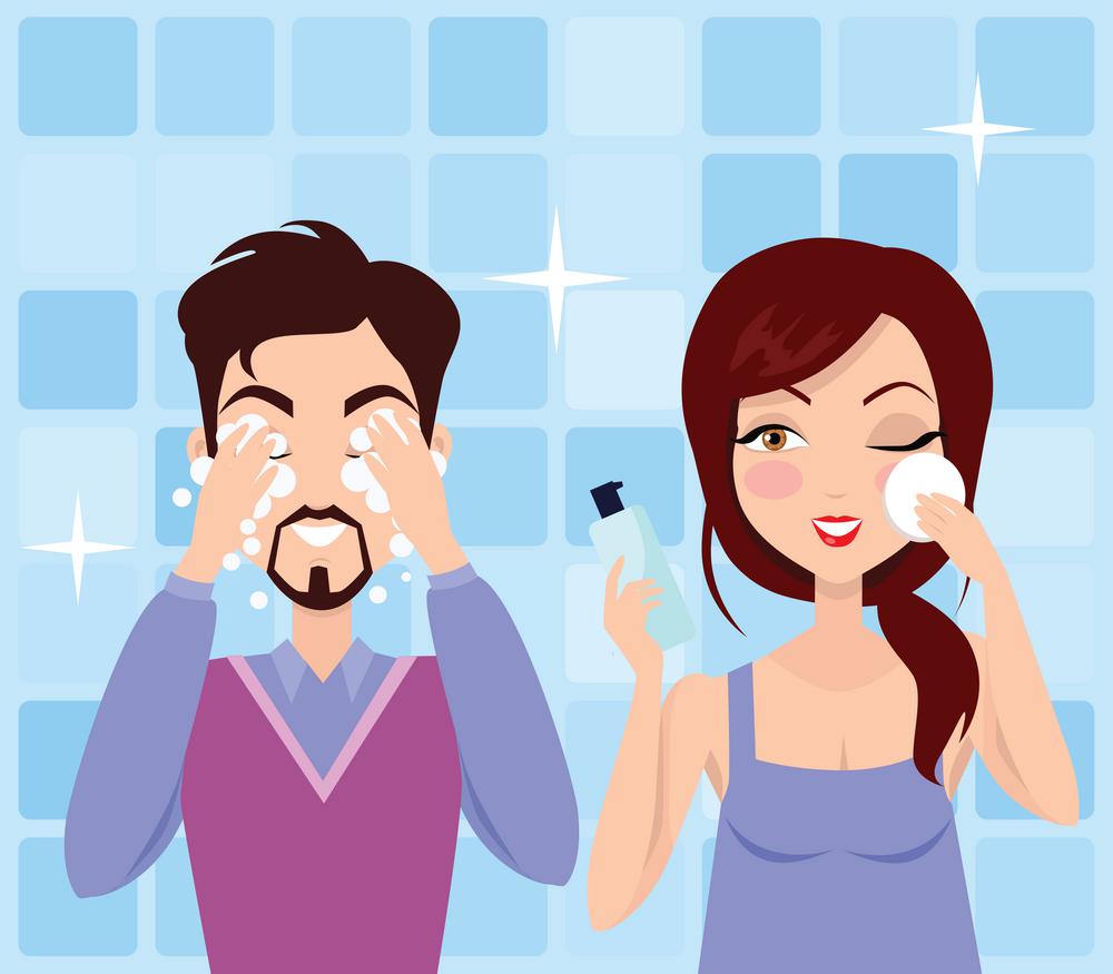 Man and Woman Cleaning and Care Her Face. Man and woman cleaning and care her face, facial, treatment, beauty, healthy, hygiene, lifestyle. Cleaning makeup. Skin care. Process of washing face. Married couple in the bathroom